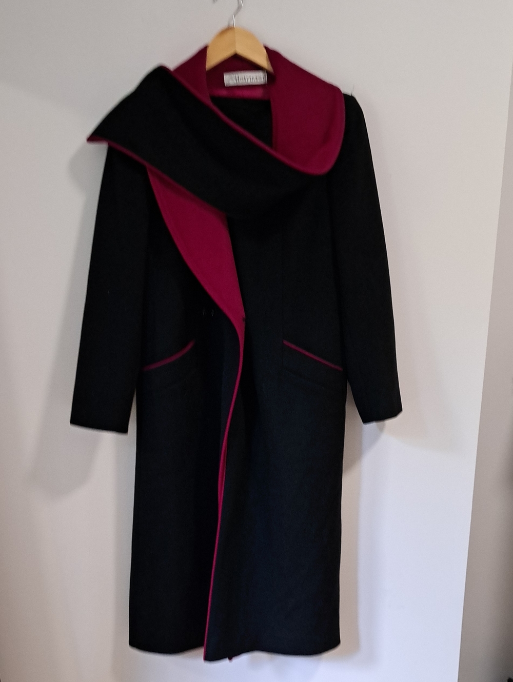 Vintage Black & Magenta Wrap Coat | Built-In Scarf Collar | Toteme-Inspired |